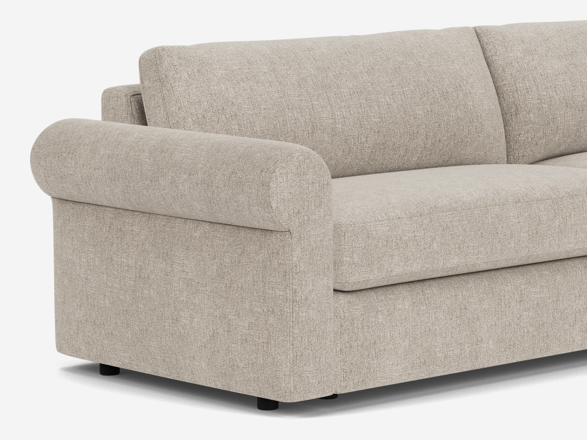 Detail view of light grey 2-seat sofa with roll arms